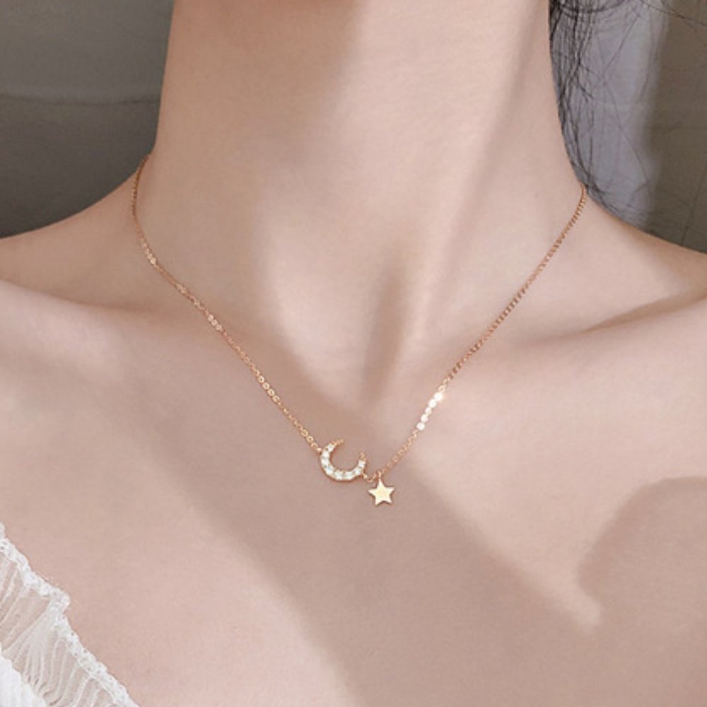 NEW Diamond Moon Star 925 Silver Necklace Z